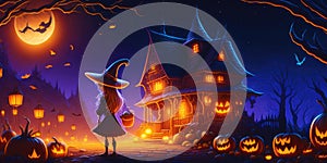 Halloween dark castle with night pumpkins background,Generative AI