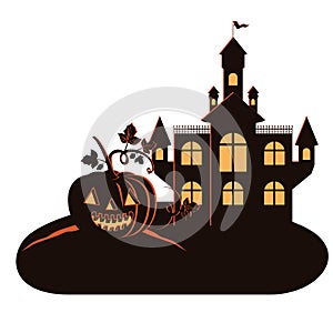 Halloween dark castle with pumpkin scene icon