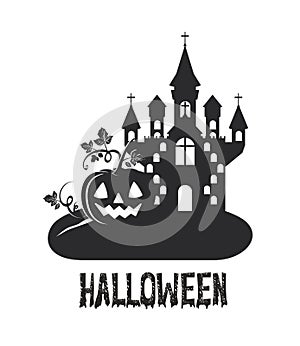 Halloween dark castle with pumpkin scene icon