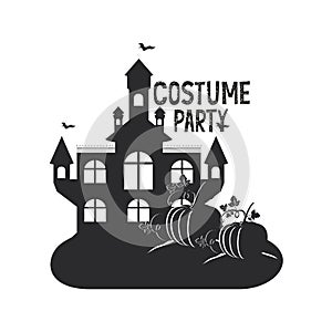 Halloween dark castle with pumpkins scene icon