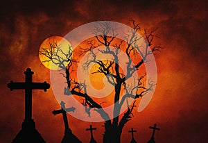 Halloween dark grunge grain concept background with scary dead tree and spooky silhouette crosses and full mo