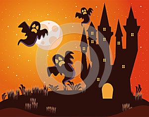 Halloween dark haunted castle with ghosts at night scene