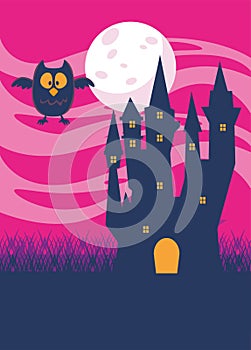 Halloween dark haunted castle and owl in the night scene
