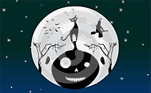 Halloween dark night background with pumpkins, space cat, bat, witch. Happy Halloween horror illustration.