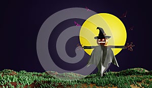 Halloween dark night pumpkin scarecrow full moon night on the fall and dark forest