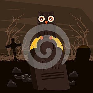 Halloween dark scene with owl in cemetery