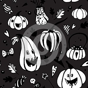 Halloween dark seamless vector pattern with white pumpkins.