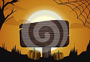 Halloween dark vector illustration , happy holiday dark pumpkins background , wood table text template, concept monster