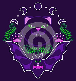 Halloween dark vector set - cat, bat, moon, fern, candy