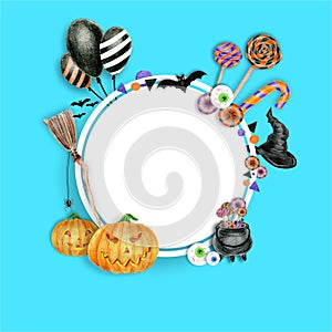 Halloween day Layout Design Template. Paper Art. Season Offer with Circle Banner and copy space. Balloons, Witch's