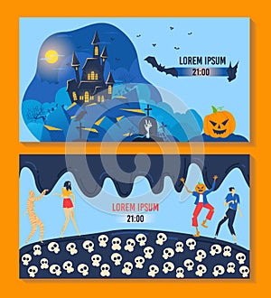 Halloween day, night moon, dark october, pumpkin horror background, party silhouette, design, flat style vector