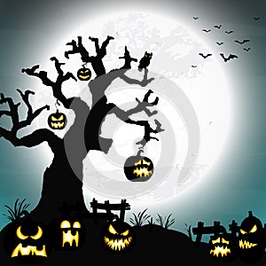 Halloween dead tree and pumpkins in front of an full moon
