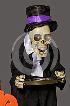 Halloween, Death in a black tailcoat with a metal tray in hands, isolated on a gray background