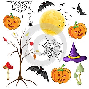 Halloween decor elements isolated on white. cute halloween cartoons element collection for celebration design. illustration of