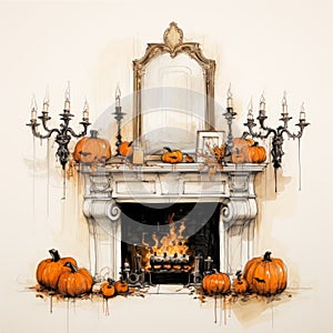 Halloween Decor Illustration: Pumpkins In Fireplace With Candles