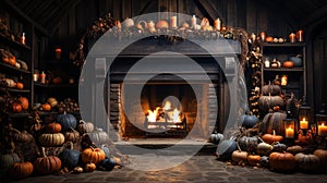 Halloween decorated cozy fireplace interior setting - generative AI