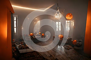 Halloween decorated home interior with costumed figures, neural network generated art