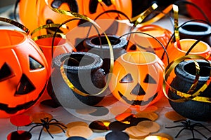 Halloween decoration with lanterns, pumpkins