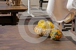 Halloween decoration with orange pumpkins on dark wooden table in street cafe and coffeehouse