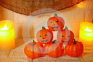 Halloween decoration pumpkins on wall background