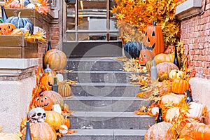 Halloween decoration on the steps of a cafe in the Five Avenues of Tianjin