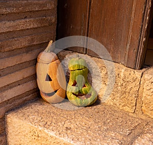 Halloween decoration. Trick or treat in the fall and fall season. Pumpkin face and scary symbol