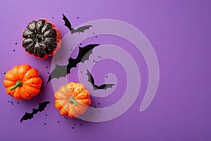 Halloween decorations concept. Top view photo of small pumpkins bat silhouettes and black confetti on isolated purple background