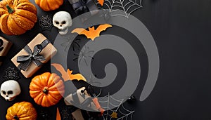 Halloween Decorations and Gift Arrangement on black background Generated Ai image