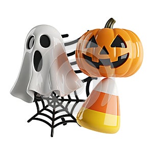 Halloween decorations isolated on white background featuring a ghost, pumpkin and candy corn