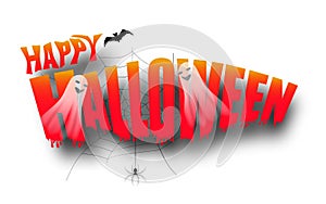 Halloween decorations isolated on white background. Text Happy Halloween with bat and ghosts, spider web. Vector