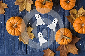 Halloween decorations on pastel gray background. Halloween concept. Flat lay, top view, copy space