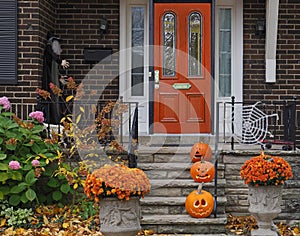 Halloween decorations with three pumpkins