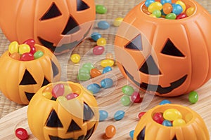 Halloween decorations using plastic pumkins and jelly beans