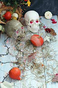 Halloween decorative mystical composition of a pair of skulls, pumpkins, fresh roses, illuminations