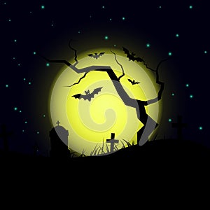 Halloween design background with spooky graveyard, naked tree, graves and bats