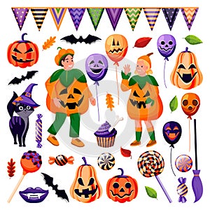 Halloween design elements. Balloons with grinning face candy black cat bat kids in pumpkin costume. Vector illustration