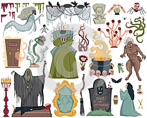 Halloween design elements set. Scary characters, ghosts, grave, witch, old mirror, potions, monsters and plants. Isolated objects