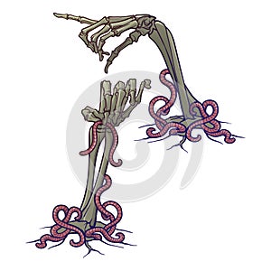 Halloween design elements. Set of skeleton hands pointing with a finger and holding a banner. linear drawing isolated on
