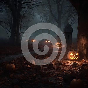 Halloween design - forest pumpkins. Horror background with autumn valley with woods, spooky trees and pumpkins