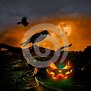 Halloween Design Full Moon Ravens Jack O Lantern