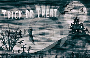 Halloween design : Landscape horror with Trick or Treat message