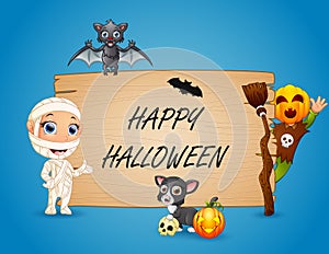 Halloween design with many character around sign