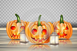 Halloween design page with pumpkins, lantern map, spiders, and glowing lights garland on wooden board surface. Vector illustration