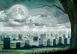 Halloween design - Spooky tree. Horror background with cemetery, and full moon. Space for your holiday text