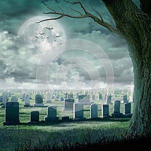 Halloween design - Spooky tree. Horror background with cemetery, and full moon. Space for your holiday text