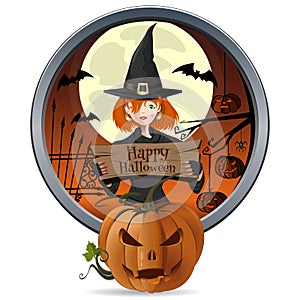 Halloween design. Young witch holding a sign