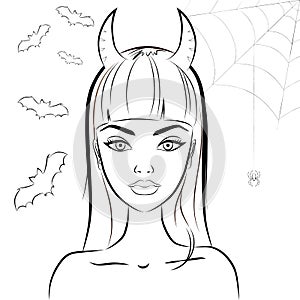 Halloween devil girl with horns. Outline vector
