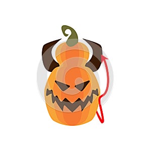 Halloween devil pumpkin with horns and tail flat style icon