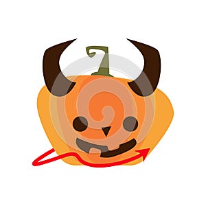 Halloween devil pumpkin with horns and tail flat style icon