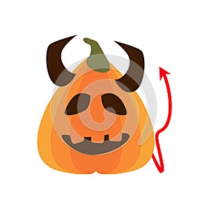 Halloween devil pumpkin with horns and tail flat style icon